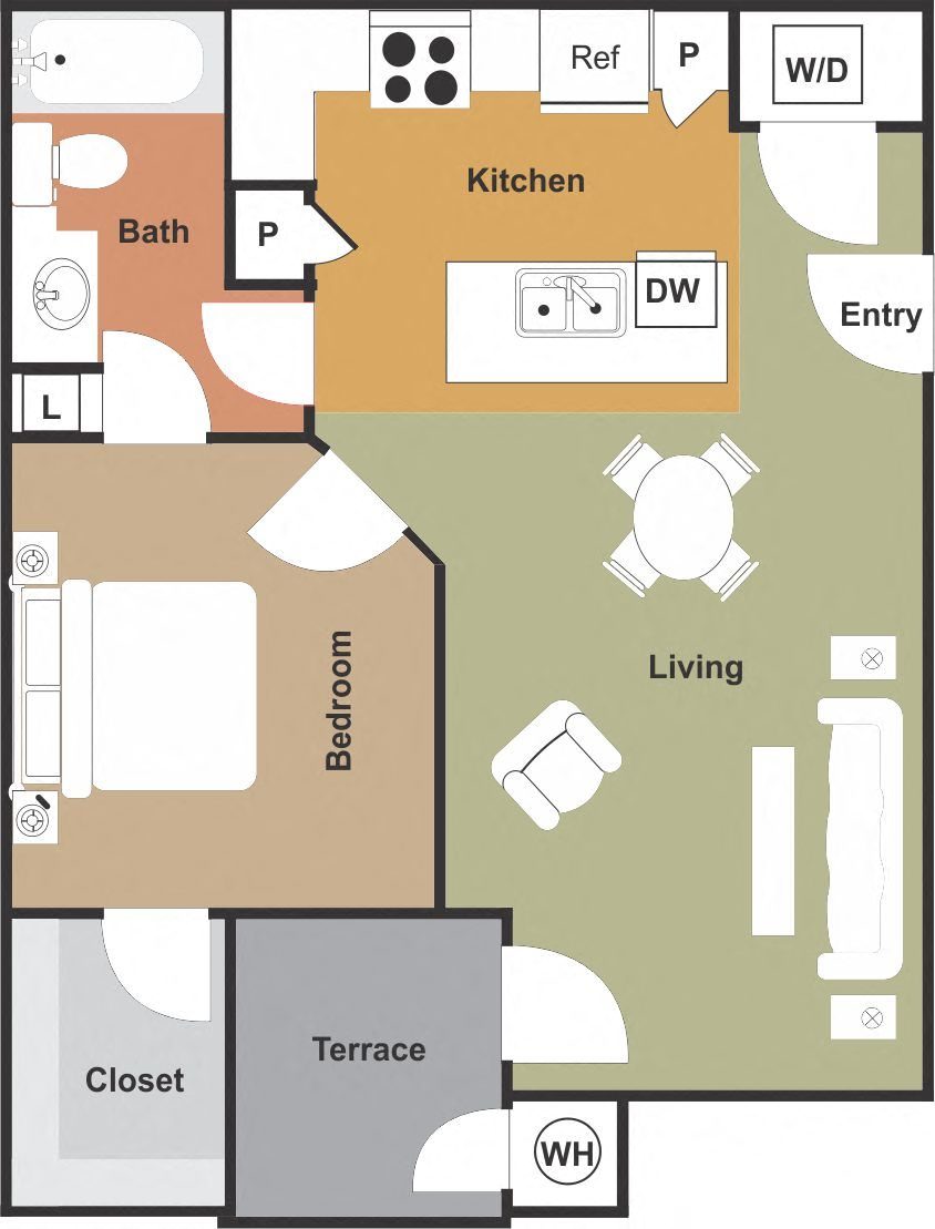 Floor plan for 1 bed, 1 bath, 739 sqft